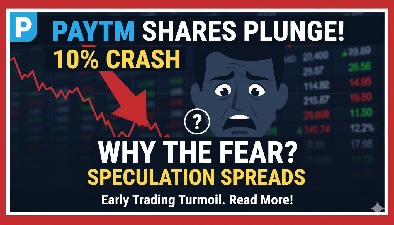 Paytm शेयर मूल्य में गिरावट दर्शाता हुआ स्टॉक मार्केट ग्राफ, जिसमें लाल तीर और बाजार चार्ट दिखाई दे रहा है।