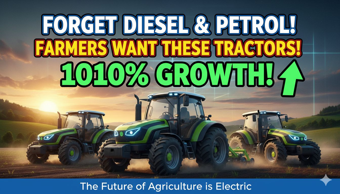 भारतीय किसान इलेक्ट्रिक ट्रैक्टर चलाते हुए खेत में काम करते हुए।