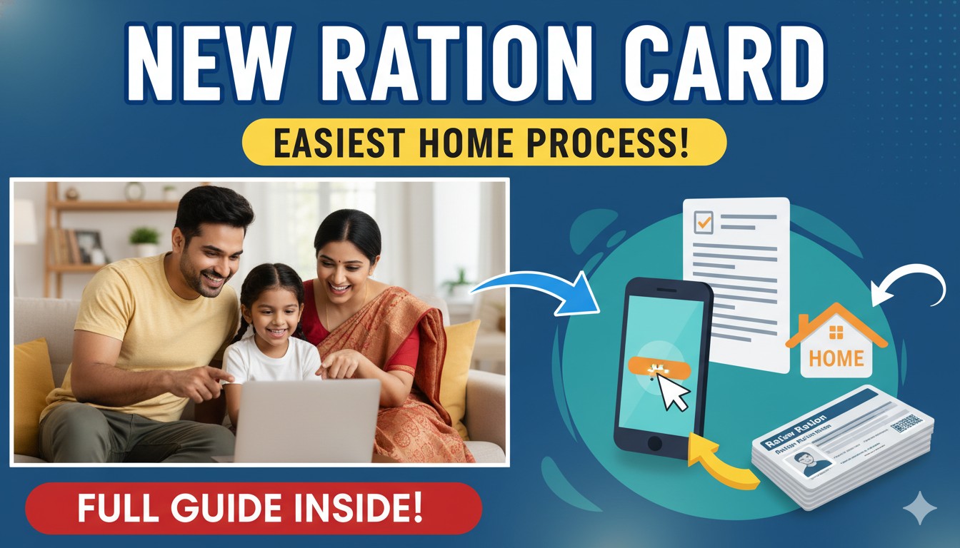 घर बैठे नया राशन कार्ड आवेदन करते व्यक्ति का ग्राफिक।