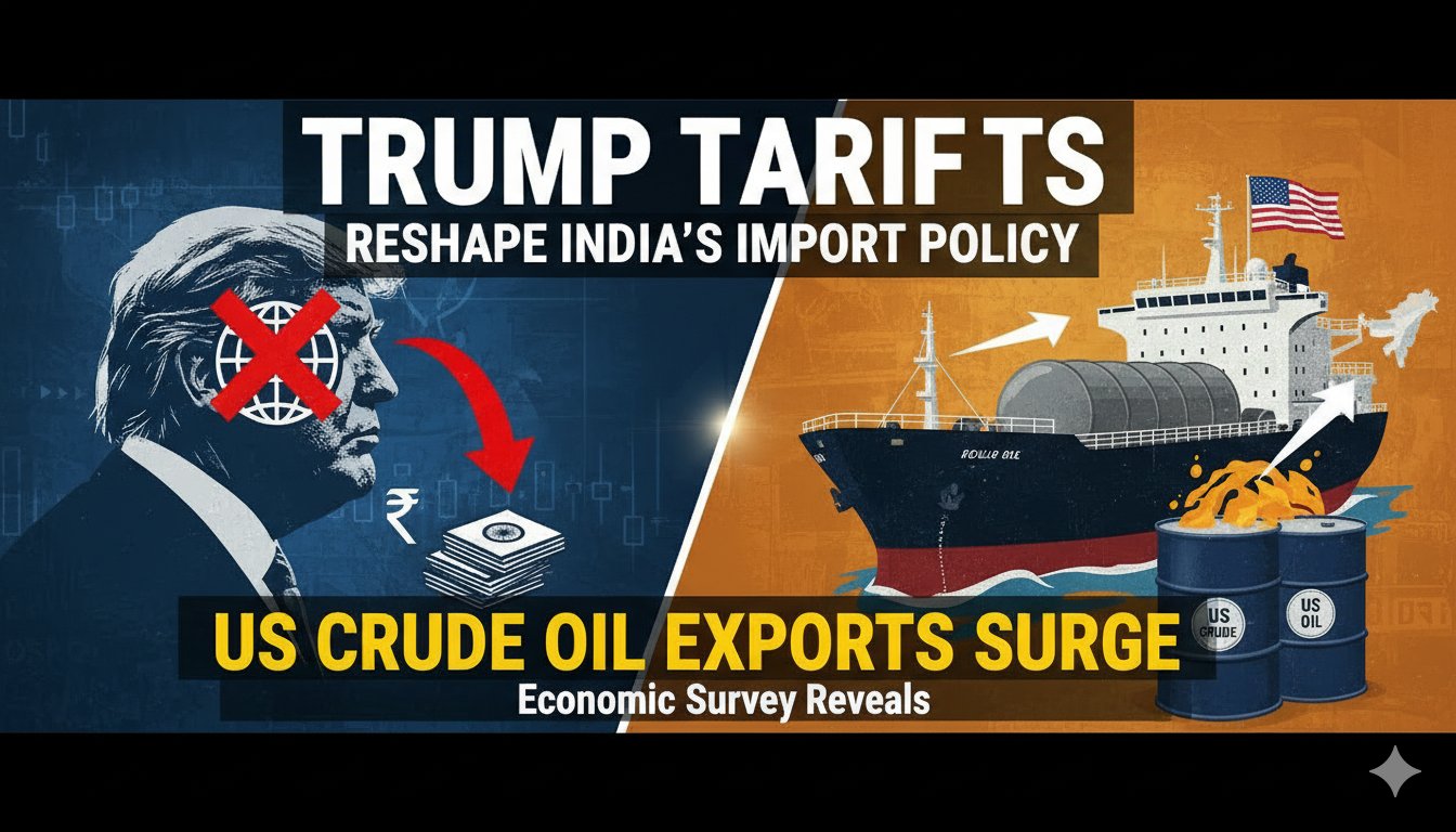 ट्रंप टैरिफ और भारत की आयात नीति में बदलाव दिखाती ग्राफिकल इमेज