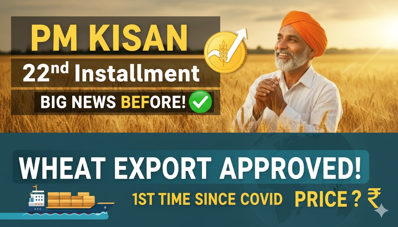 केंद्र सरकार द्वारा गेहूं निर्यात मंजूरी और PM किसान योजना की 22वीं किस्त से जुड़ी खुशखबरी दिखाती इमेज
