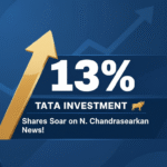 टाटा इन्वेस्टमेंट कॉर्पोरेशन शेयर प्राइस चार्ट में 13% उछाल दिखाता ग्राफ, एन चंद्रशेखरन की फोटो के साथ