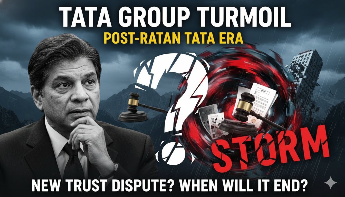 टाटा ट्रस्ट्स में चल रहे विवाद की इमेज, नोएल टाटा और मेहली मिस्त्री से जुड़ी ग्राफिक्स के साथ टाटा लोगो