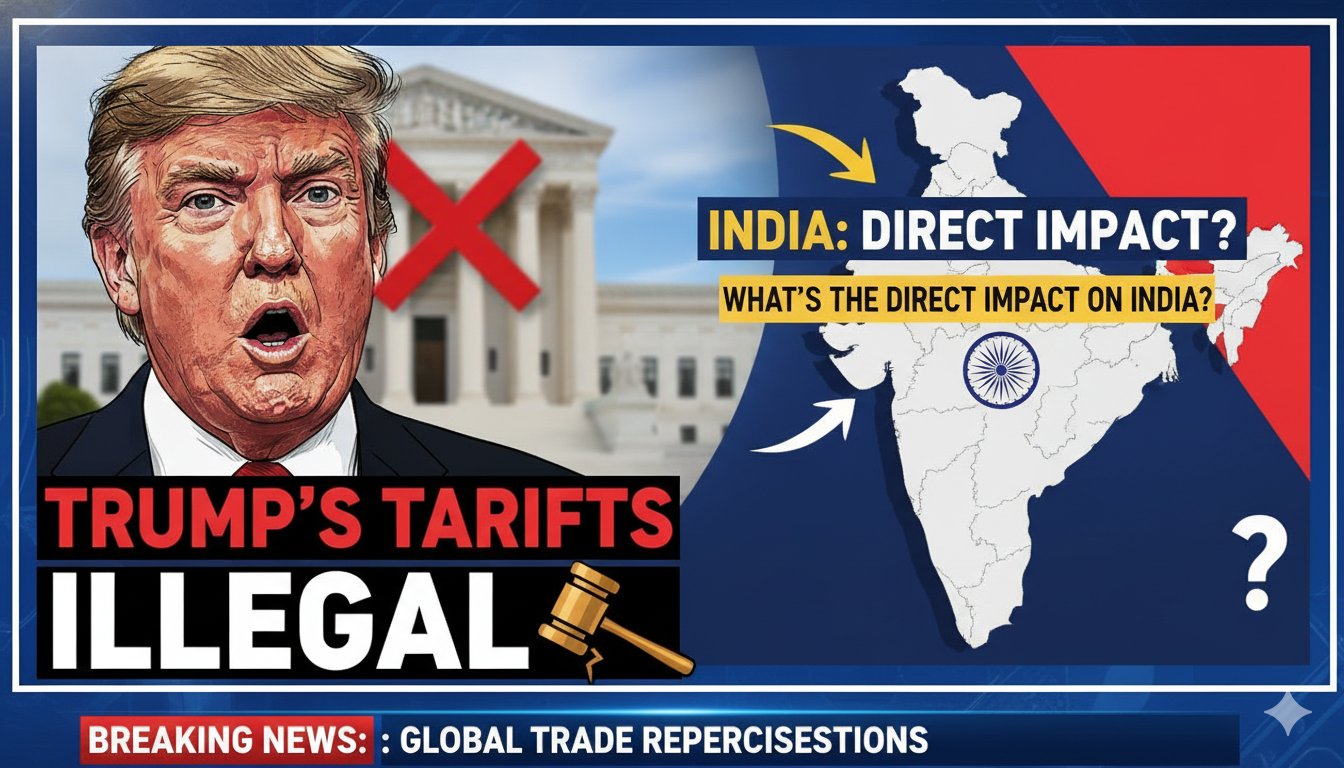 अमेरिकी सुप्रीम कोर्ट भवन के बाहर ट्रंप टैरिफ फैसले की खबर दिखाता ग्राफिक