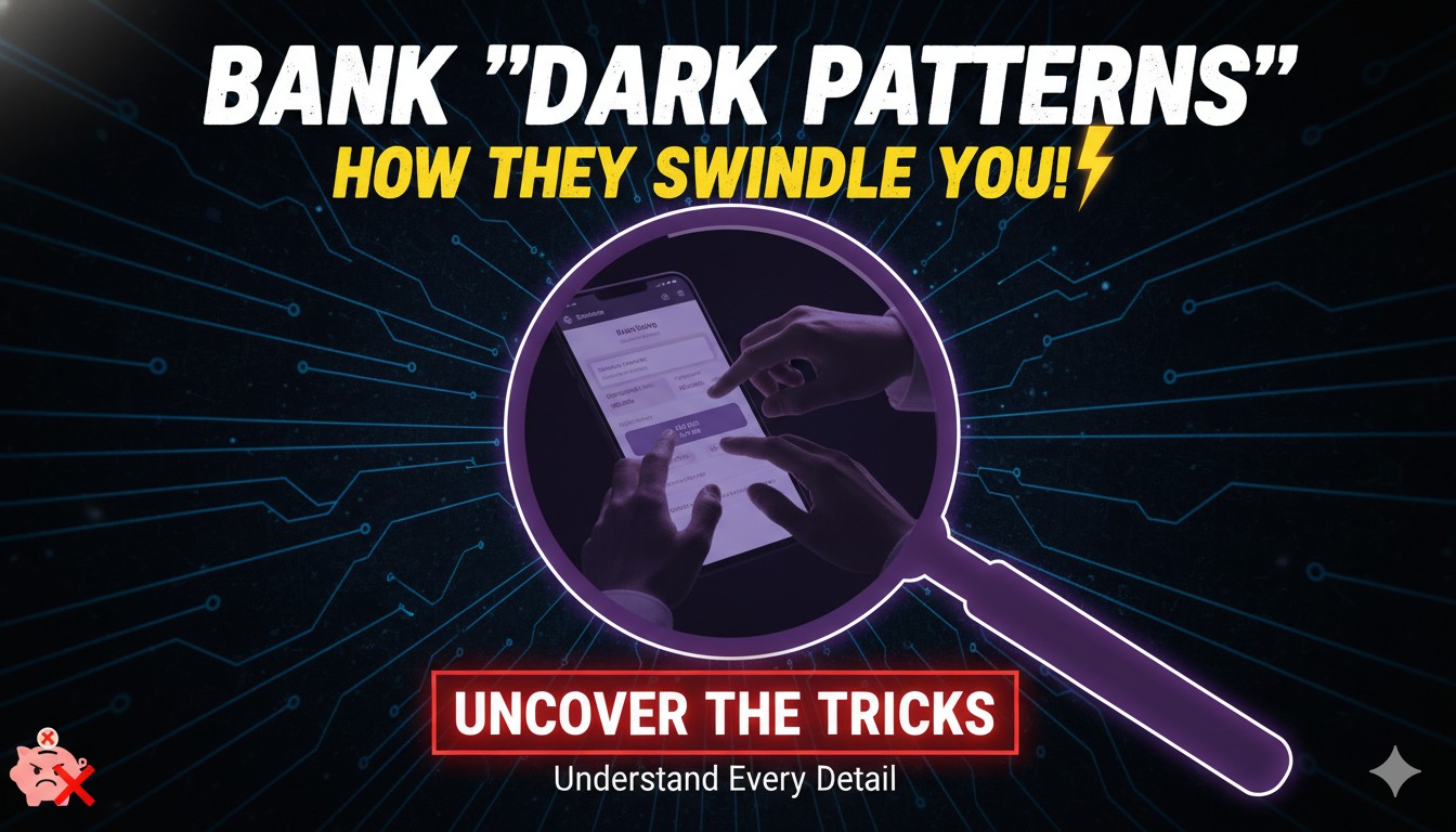 भारतीय बैंक ऐप में डार्क पैटर्न दिखाते हुए स्क्रीनशॉट, छिपे चार्जेस और मैनिपुलेटिव डिजाइन