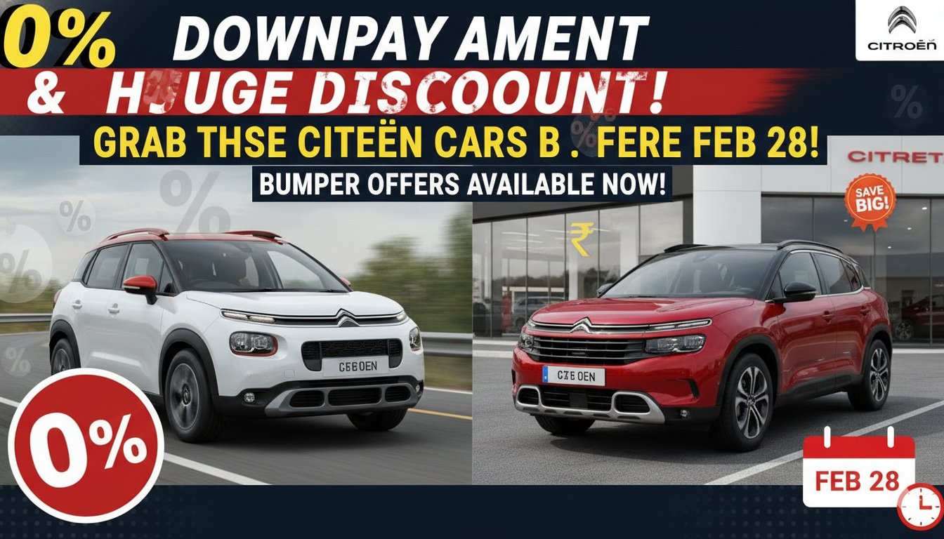 सिट्रोएन कारें दिखाती हुई इमेज जिसमें 0% डाउनपेमेंट और डिस्काउंट ऑफर हाइलाइटेड हैं