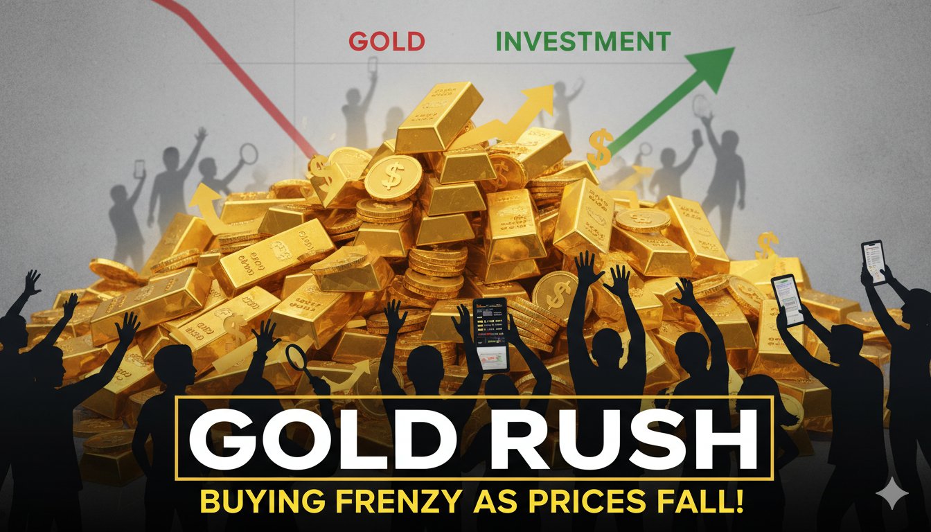 सोने की ईंटें और सिक्के गिरती कीमतों के ग्राफ के साथ, भारतीय निवेशक खरीदारी करते हुए