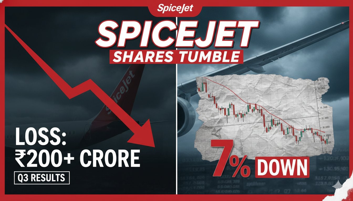स्पाइसजेट एयरलाइन का लोगो और विमान के साथ स्टॉक मार्केट गिरावट का ग्राफ दिखाता इमेज