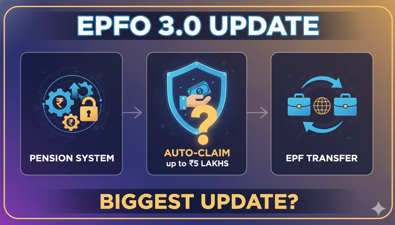 EPFO 3.0 अपडेट दिखाता ग्राफिक जिसमें ₹5 लाख ऑटो क्लेम, UPI विड्रॉल और पेंशन सिस्टम के आइकन