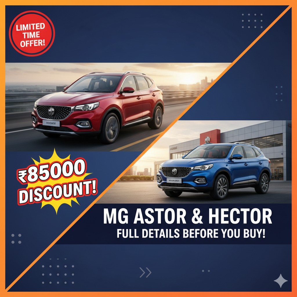 MG Astor और Hector SUVs पर ₹85,000 तक डिस्काउंट ऑफर दिखाते हुए कार इमेज