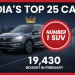 Tata Nexon SUV parked on road with sales chart showing number 1 position in February 2026 India car sales