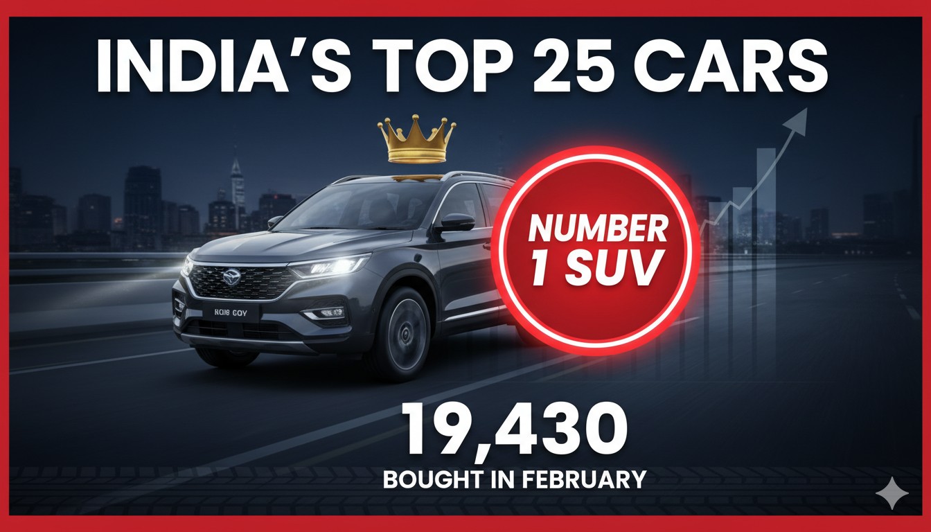 Tata Nexon SUV parked on road with sales chart showing number 1 position in February 2026 India car sales