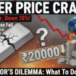 Alt Text for featured image : चांदी की कीमतों में गिरावट दिखाता ग्राफ, बैकग्राउंड में जंग के क्लाउड और निवेशक