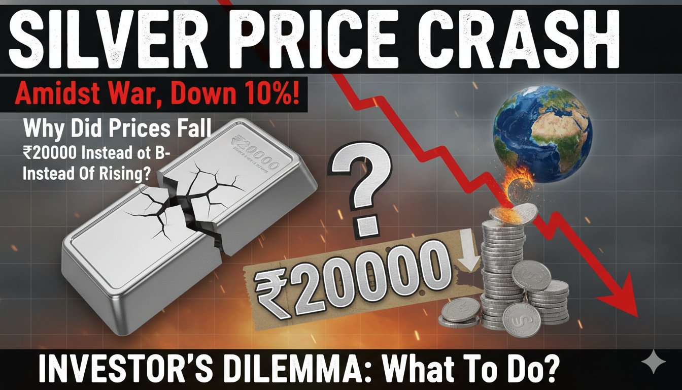 Alt Text for featured image : चांदी की कीमतों में गिरावट दिखाता ग्राफ, बैकग्राउंड में जंग के क्लाउड और निवेशक