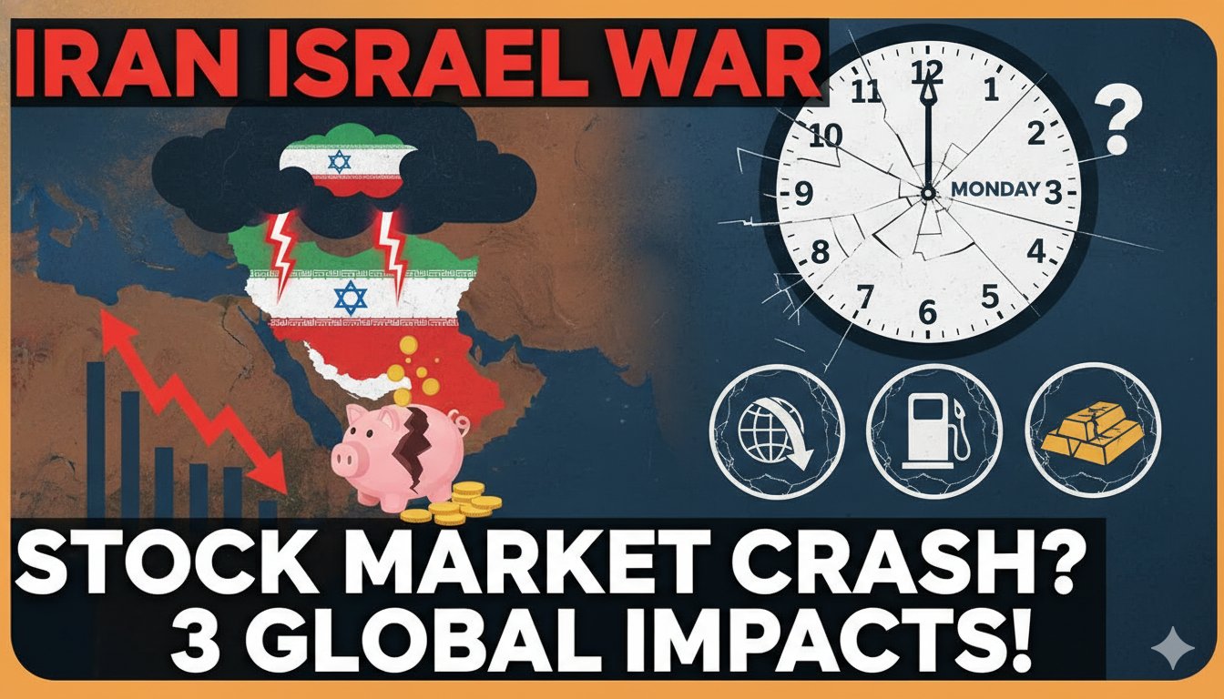 ईरान-इज़राइल युद्ध के बीच शेयर बाजार में गिरावट, क्रूड ऑयल और ग्लोबल टेंशन का ग्राफिकल इमेज
