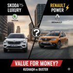 स्कोडा कुशाक और रेनॉल्ट डस्टर 2026 की साइड बाय साइड तुलना, दोनों कॉम्पैक्ट SUV फ्रंट व्यू