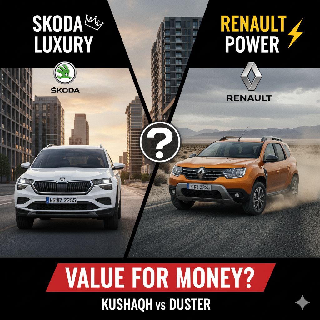 स्कोडा कुशाक और रेनॉल्ट डस्टर 2026 की साइड बाय साइड तुलना, दोनों कॉम्पैक्ट SUV फ्रंट व्यू