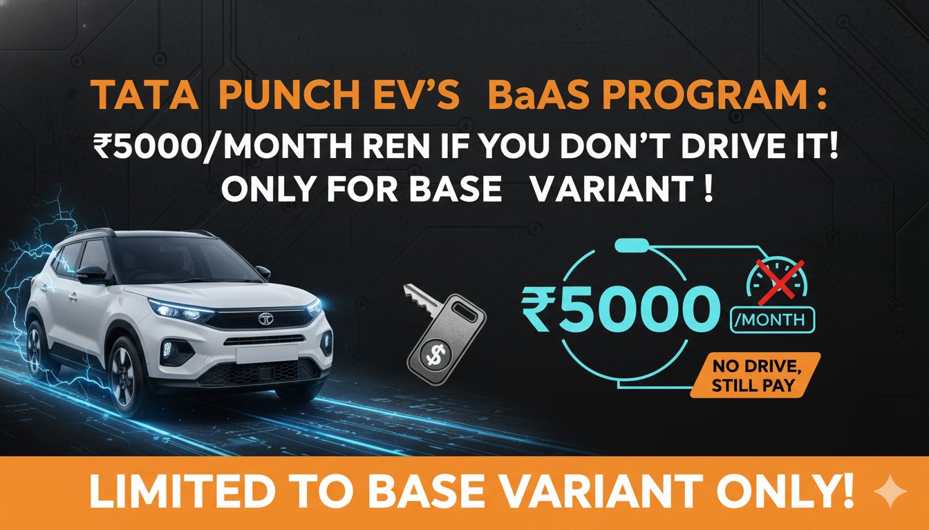 टाटा पंच EV फैकलिफ्ट BaaS मॉडल वाली बेस Smart वैरिएंट की इमेज, जिसमें बैटरी रेंट और न्यूनतम ₹5000 मासिक किराया हाइलाइटेड