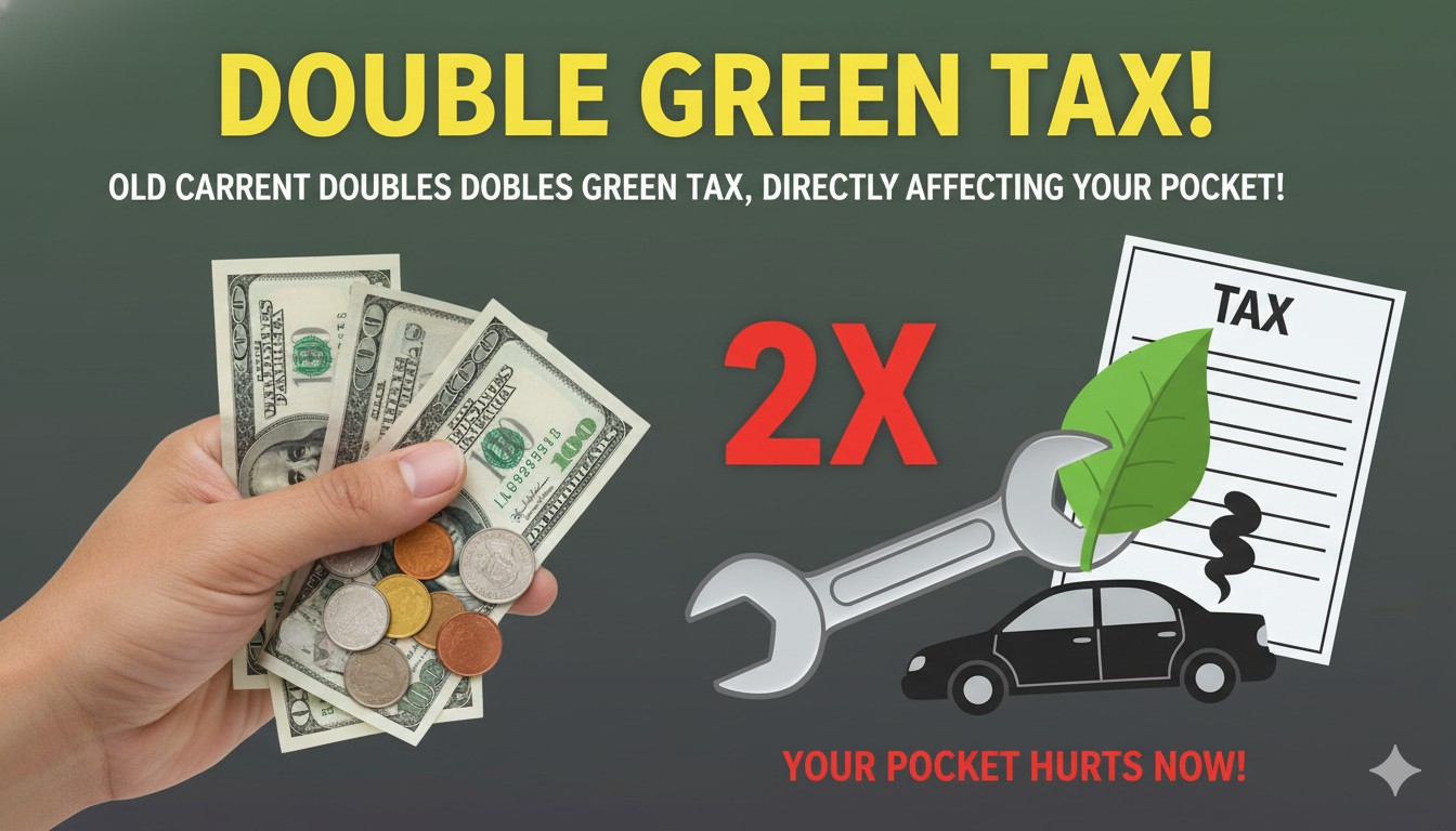 महाराष्ट्र में पुरानी कारों पर दोगुना ग्रीन टैक्स लगने का ग्राफिक, प्रदूषण और टैक्स बढ़ोतरी दिखाता हुआ