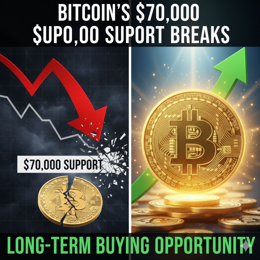 बिटकॉइन मूल्य चार्ट दिखाता हुआ जिसमें $70,000 सपोर्ट लेवल टूटने के बाद गिरावट और रिकवरी का ग्राफ
