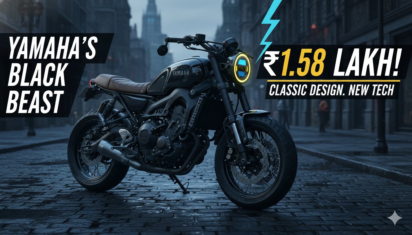 यामाहा XSR155 मेटालिक ब्लैक कलर में फ्रंट व्यू, गोल्डन USD फोर्क्स के साथ क्लासिक रेट्रो डिजाइन