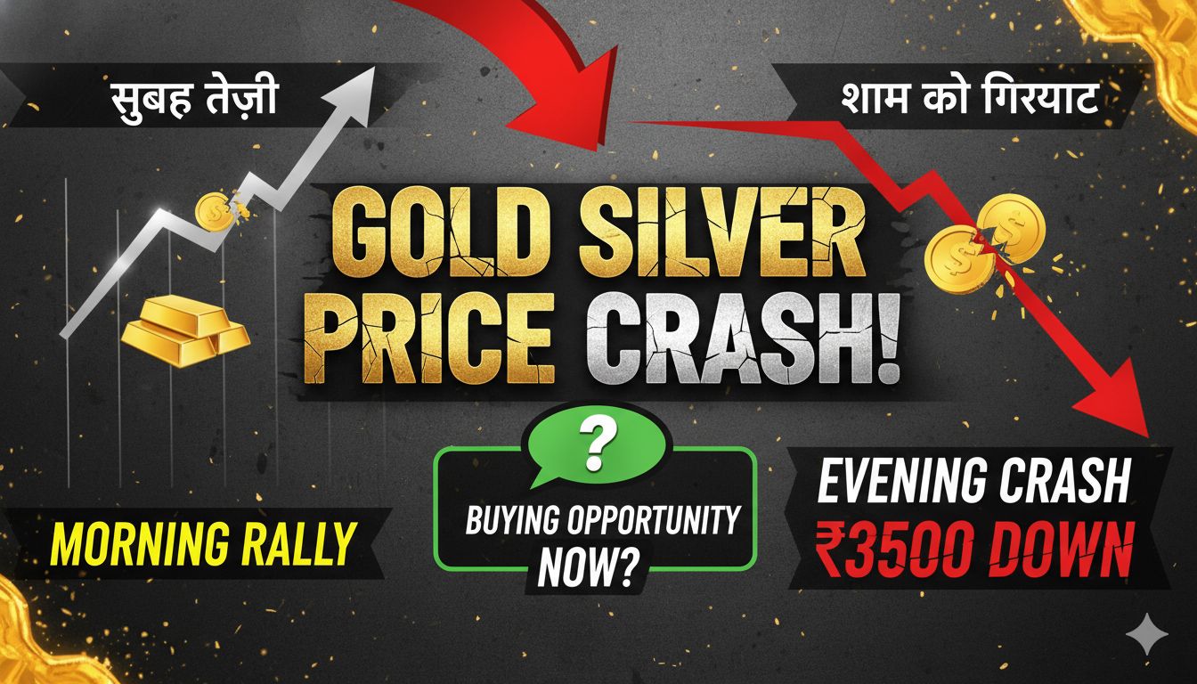 सोना और चांदी के सिक्के गिरते हुए भाव चार्ट के साथ, भारत में कीमती धातु बाजार की गिरावट दिखाता हुआ